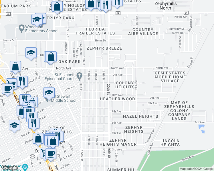 map of restaurants, bars, coffee shops, grocery stores, and more near 5821 20th Street in Zephyrhills