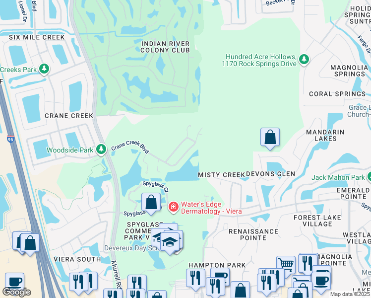 map of restaurants, bars, coffee shops, grocery stores, and more near 1458 Crane Creek Boulevard in Melbourne