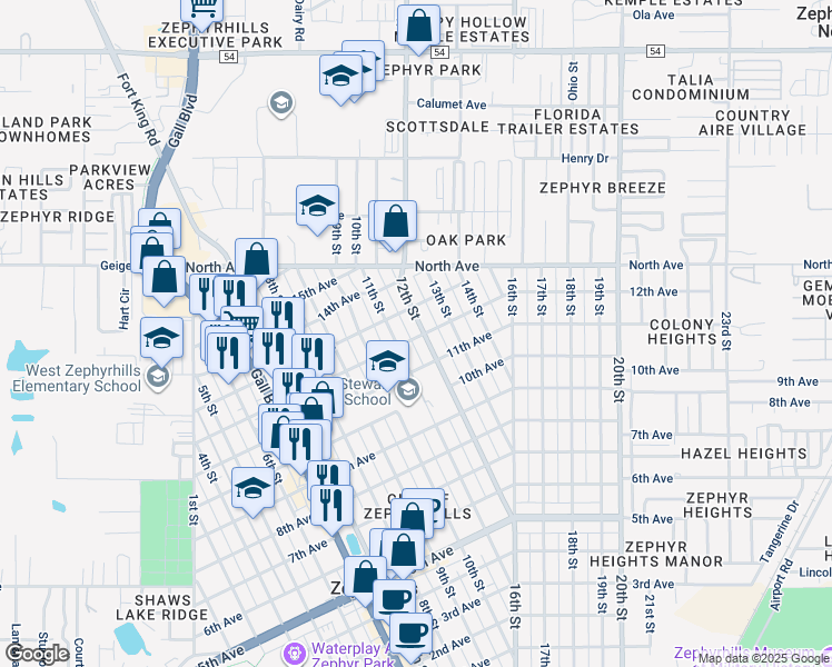 map of restaurants, bars, coffee shops, grocery stores, and more near 5808 12th Street in Zephyrhills