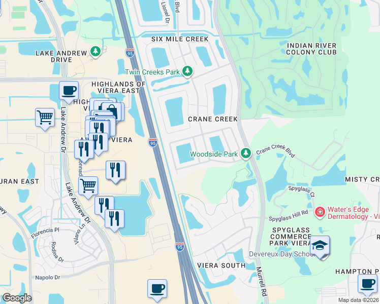 map of restaurants, bars, coffee shops, grocery stores, and more near 1860 Blue Heron Drive in Melbourne