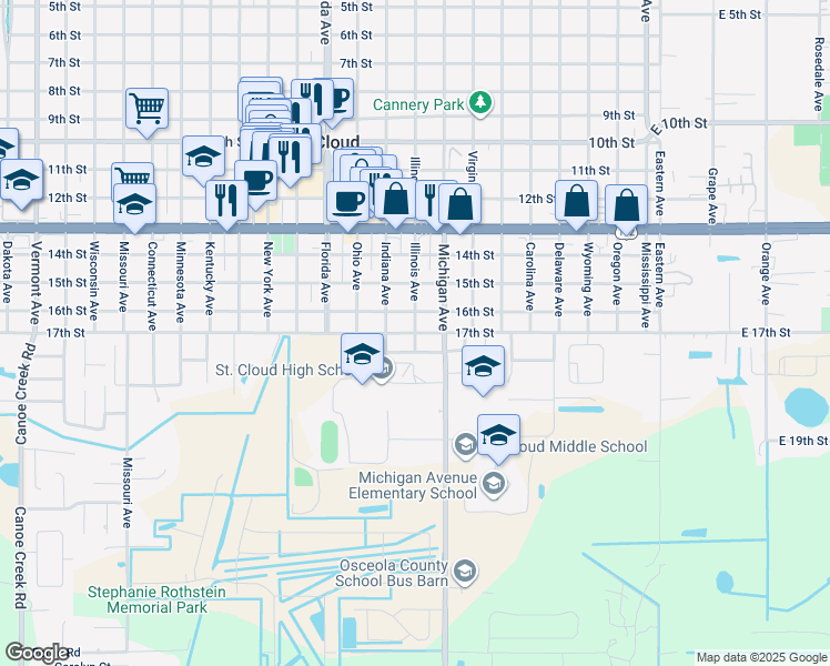 map of restaurants, bars, coffee shops, grocery stores, and more near 1727 Illinois Avenue in Saint Cloud