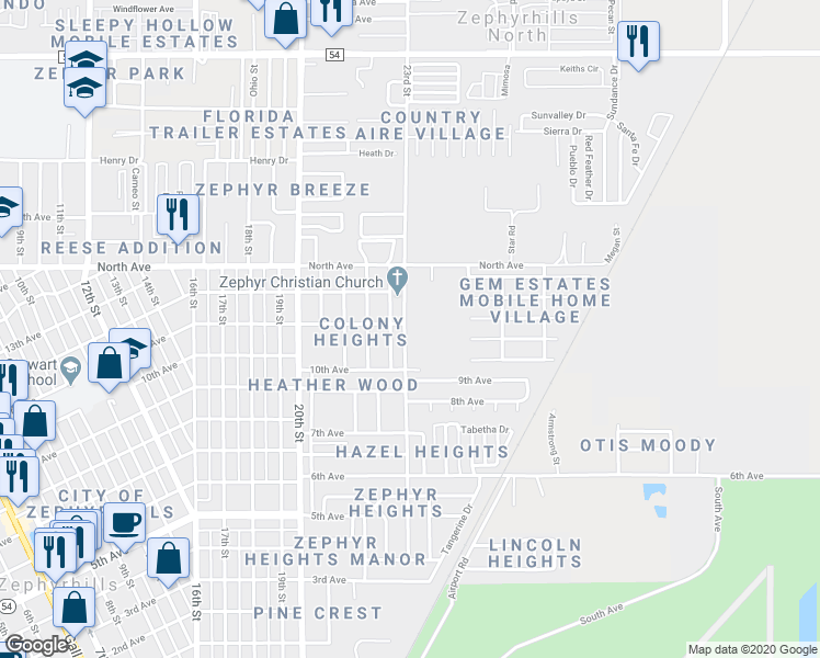 map of restaurants, bars, coffee shops, grocery stores, and more near 5824 23rd Street in Zephyrhills
