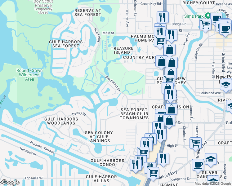 map of restaurants, bars, coffee shops, grocery stores, and more near 5705 Egrets Place in Port Richey