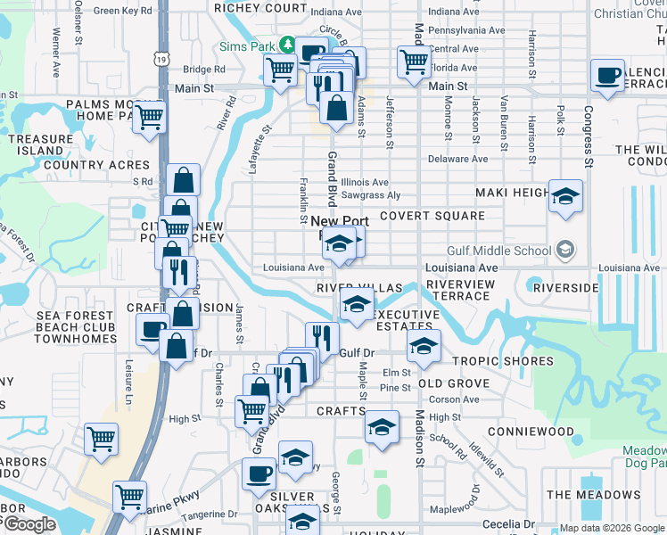 map of restaurants, bars, coffee shops, grocery stores, and more near 5714 Louisiana Avenue in New Port Richey