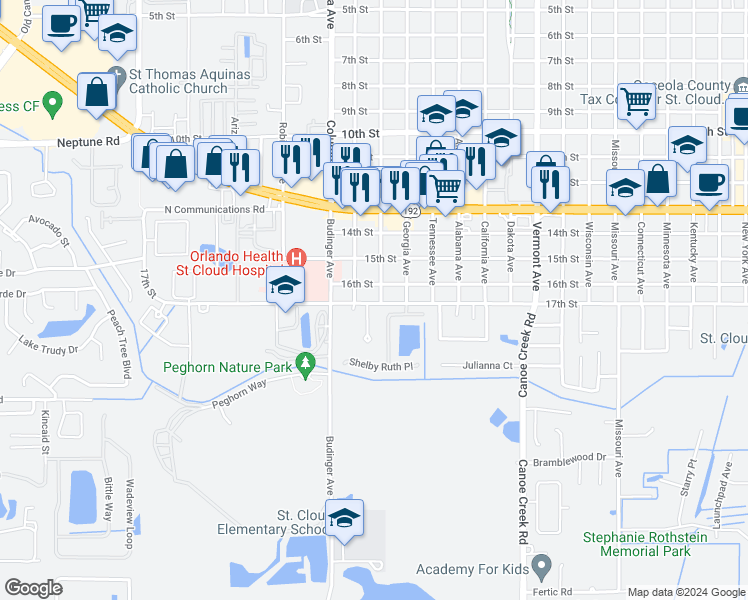 map of restaurants, bars, coffee shops, grocery stores, and more near 1626 Louisiana Avenue in St. Cloud
