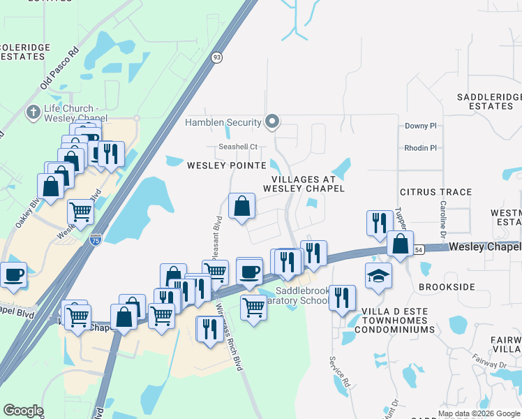map of restaurants, bars, coffee shops, grocery stores, and more near 28734 Raleigh Place in Wesley Chapel