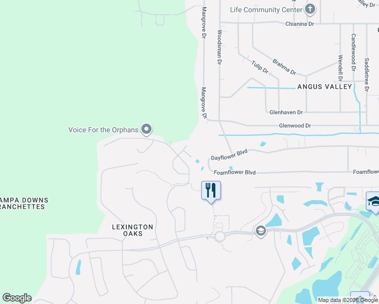 map of restaurants, bars, coffee shops, grocery stores, and more near 25948 Winning Colors Way in Zephyrhills