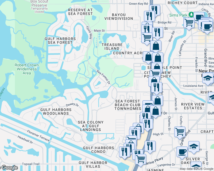 map of restaurants, bars, coffee shops, grocery stores, and more near 5705 Egrets Place in Port Richey