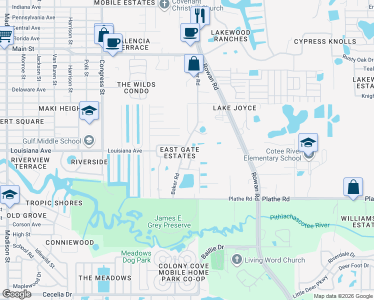 map of restaurants, bars, coffee shops, grocery stores, and more near 5708 Calla Drive in New Port Richey