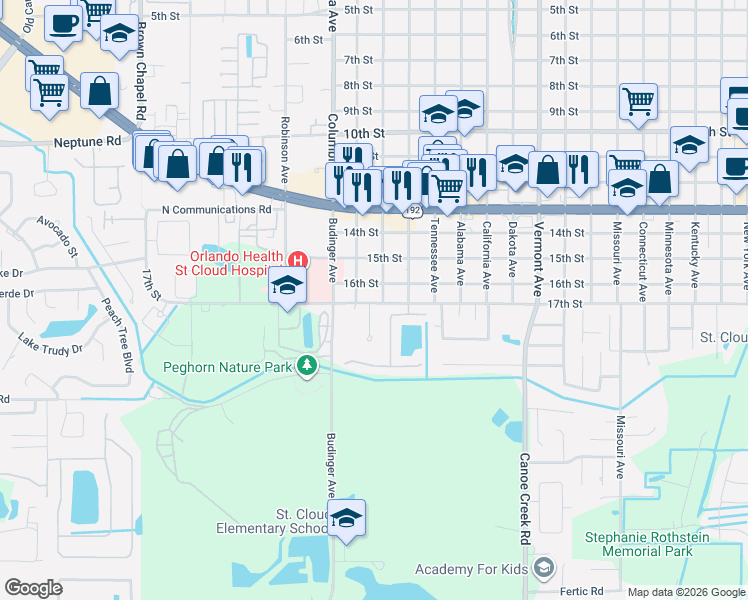 map of restaurants, bars, coffee shops, grocery stores, and more near 1706 Longleaf Drive in St. Cloud