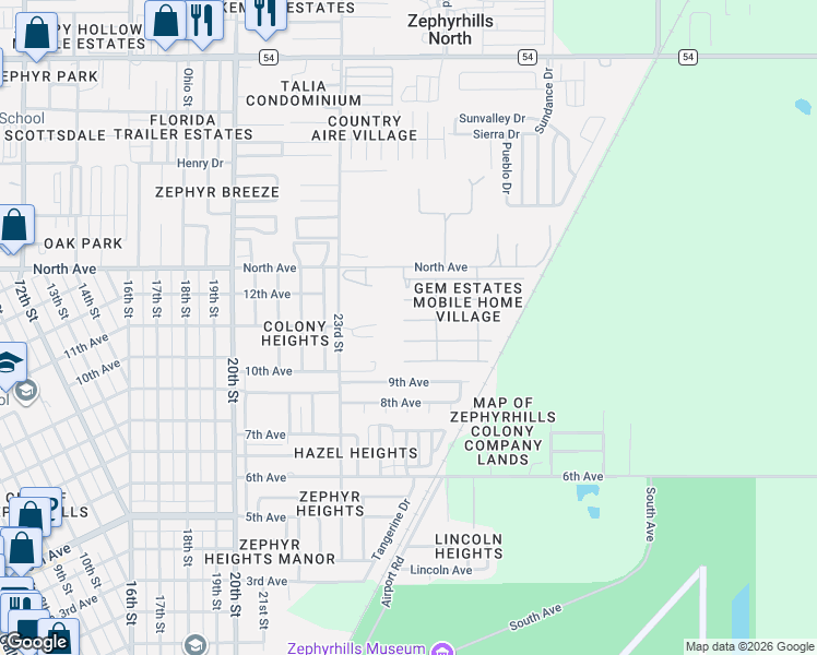 map of restaurants, bars, coffee shops, grocery stores, and more near 39350 Dundee Road in Zephyrhills