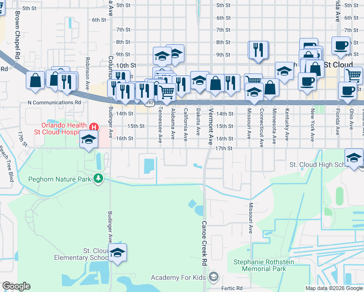 map of restaurants, bars, coffee shops, grocery stores, and more near 1710 West Acres Court in St. Cloud