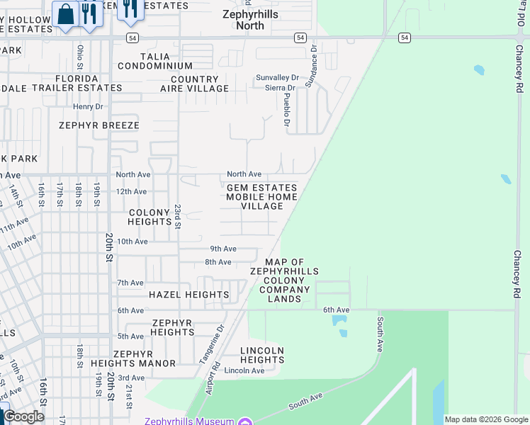map of restaurants, bars, coffee shops, grocery stores, and more near 39532 Dundee Road in Zephyrhills