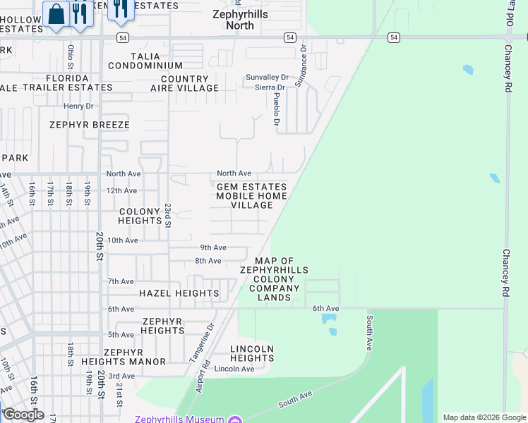 map of restaurants, bars, coffee shops, grocery stores, and more near 39532 Dundee Road in Zephyrhills