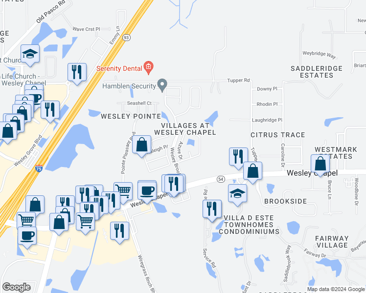 map of restaurants, bars, coffee shops, grocery stores, and more near 5902 Azure Drive in Wesley Chapel