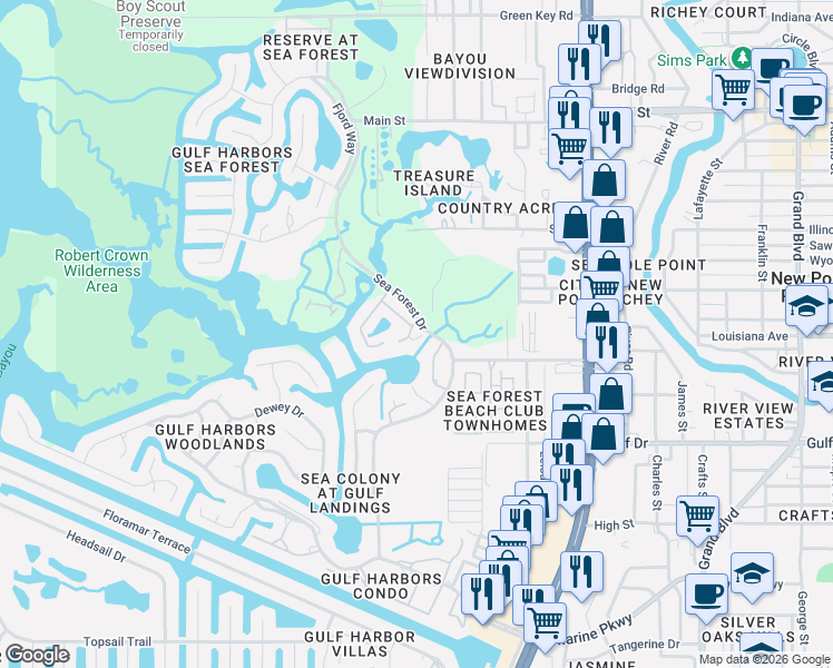 map of restaurants, bars, coffee shops, grocery stores, and more near 5705 Egrets Place in Port Richey