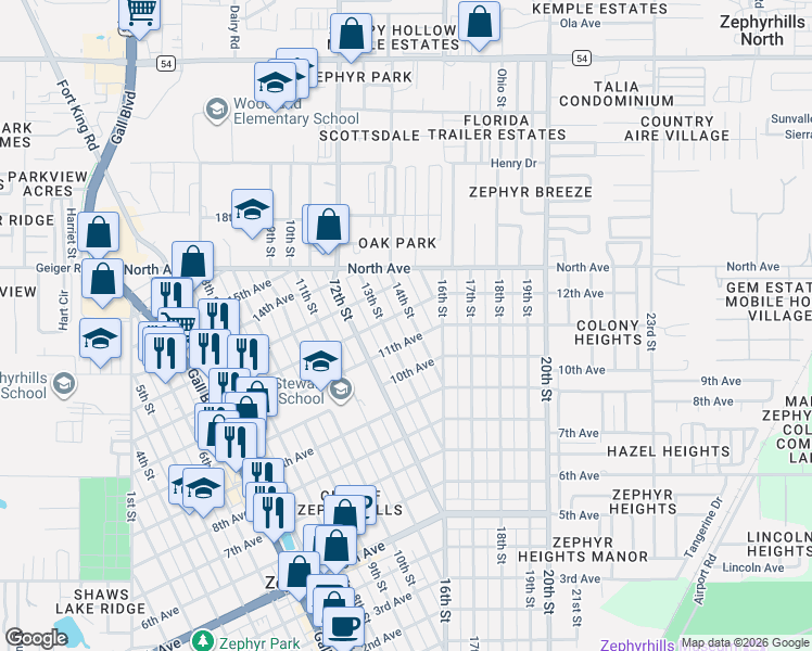 map of restaurants, bars, coffee shops, grocery stores, and more near 5754 13th Street in Zephyrhills