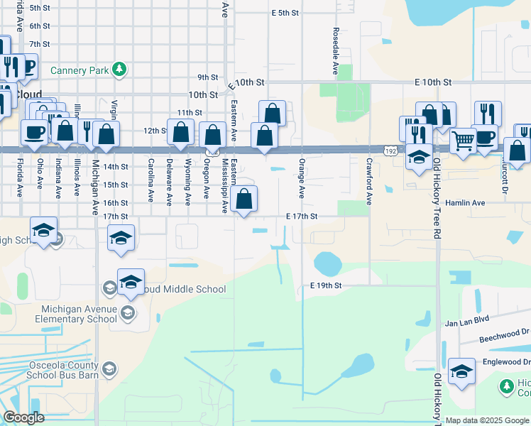 map of restaurants, bars, coffee shops, grocery stores, and more near 107 East 17th Street in St. Cloud