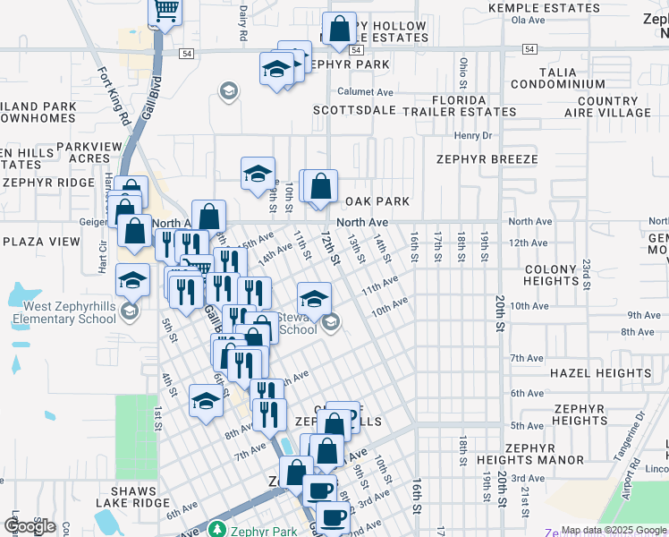 map of restaurants, bars, coffee shops, grocery stores, and more near 5808 12th Street in Zephyrhills