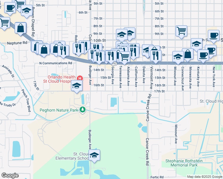 map of restaurants, bars, coffee shops, grocery stores, and more near 1618 Georgia Avenue in St. Cloud