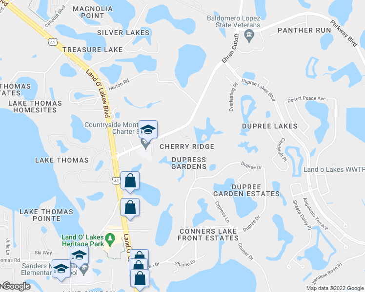 map of restaurants, bars, coffee shops, grocery stores, and more near 5841 Cherry Ridge Place in Land O' Lakes
