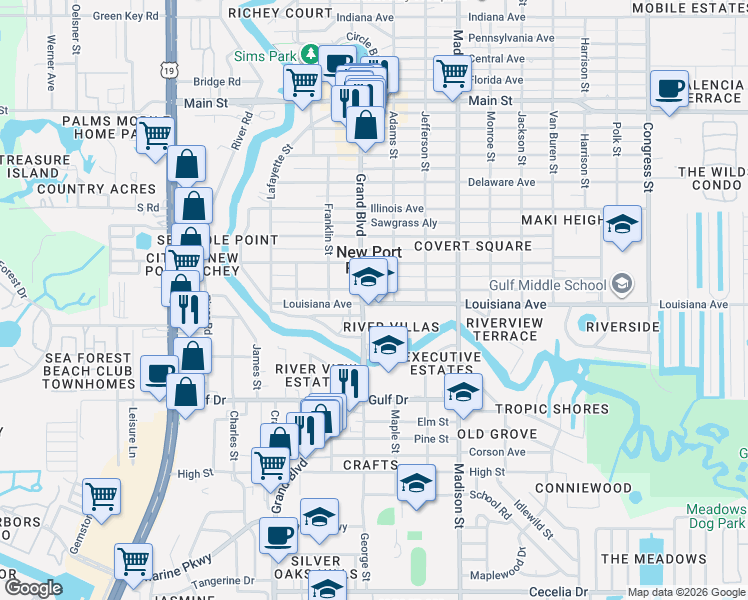 map of restaurants, bars, coffee shops, grocery stores, and more near 5733 Dailey Lane in New Port Richey
