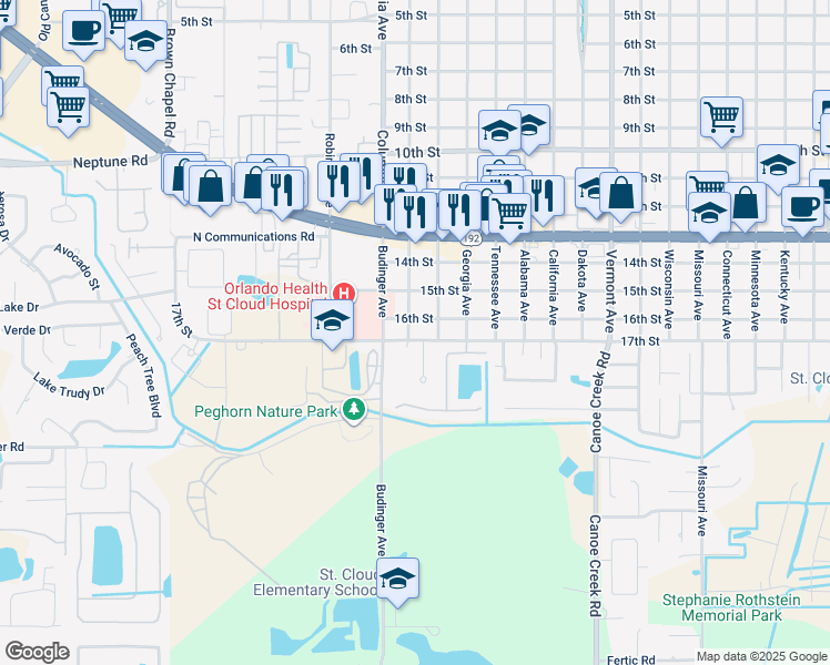 map of restaurants, bars, coffee shops, grocery stores, and more near 1706 Longleaf Drive in St. Cloud