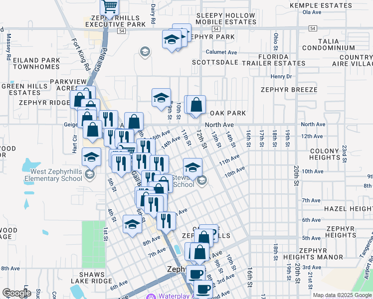 map of restaurants, bars, coffee shops, grocery stores, and more near 5811 11th Street in Zephyrhills