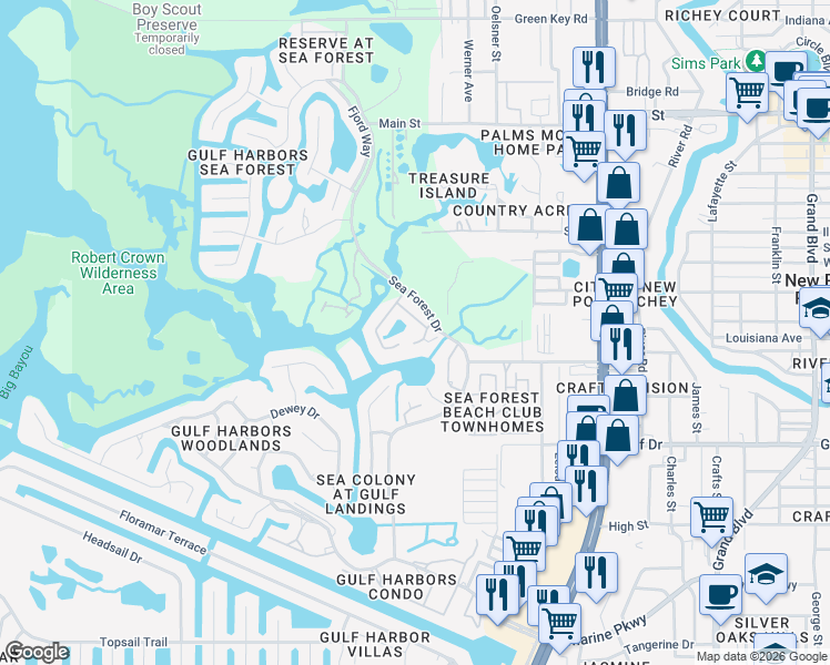 map of restaurants, bars, coffee shops, grocery stores, and more near 5727 Biscayne Court in New Port Richey