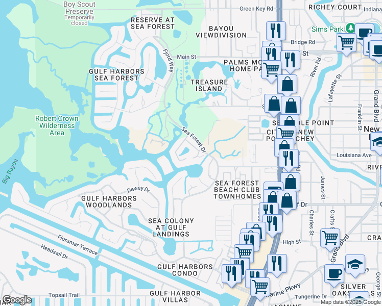 map of restaurants, bars, coffee shops, grocery stores, and more near 5712 Biscayne Court in New Port Richey