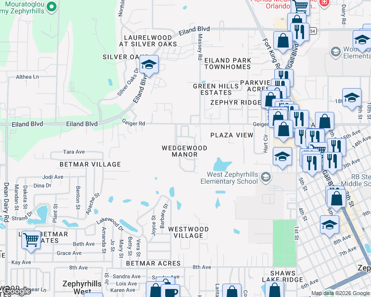 map of restaurants, bars, coffee shops, grocery stores, and more near 37414 Castleberry Drive in Zephyrhills