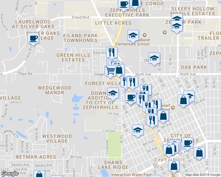 map of restaurants, bars, coffee shops, grocery stores, and more near 33540 16th Avenue in Zephyrhills