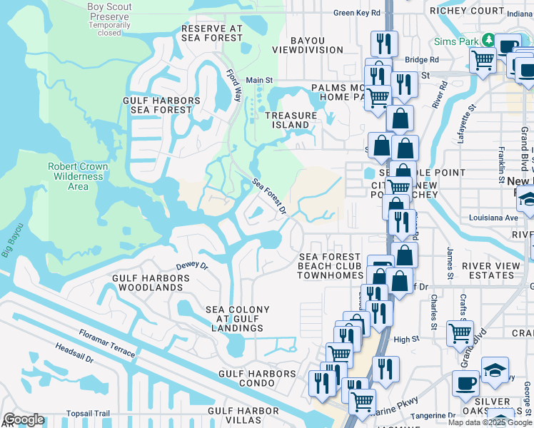 map of restaurants, bars, coffee shops, grocery stores, and more near 5712 Biscayne Court in New Port Richey