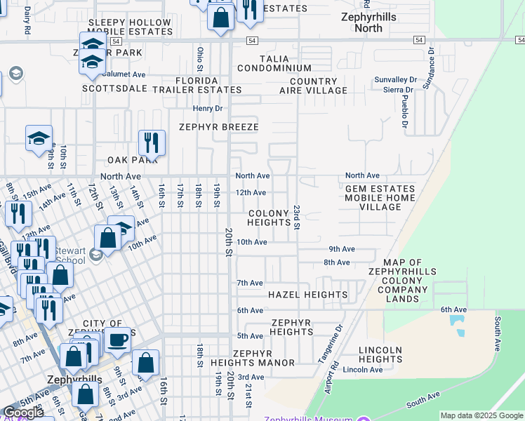 map of restaurants, bars, coffee shops, grocery stores, and more near 5812 Beech Street in Zephyrhills
