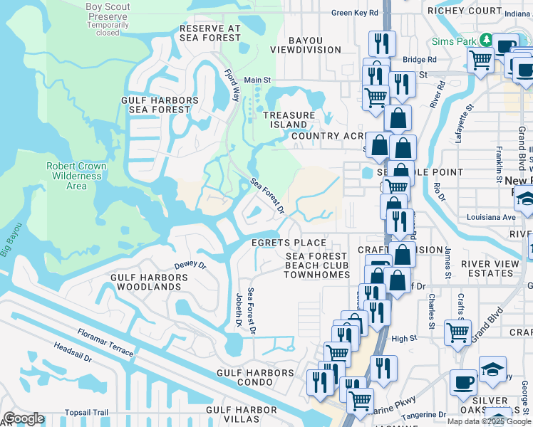 map of restaurants, bars, coffee shops, grocery stores, and more near 5727 Biscayne Court in New Port Richey
