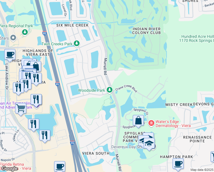 map of restaurants, bars, coffee shops, grocery stores, and more near 915 Deer Run Drive in Melbourne