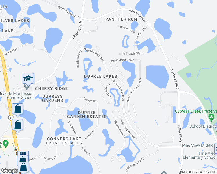 map of restaurants, bars, coffee shops, grocery stores, and more near 5910 Candytuft Place in Land O' Lakes