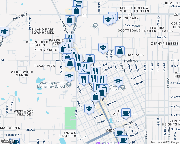 map of restaurants, bars, coffee shops, grocery stores, and more near 38145 15th Avenue in Zephyrhills