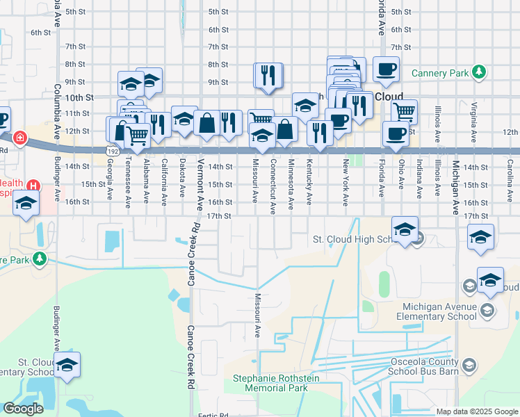 map of restaurants, bars, coffee shops, grocery stores, and more near 1516 Missouri Avenue in St. Cloud