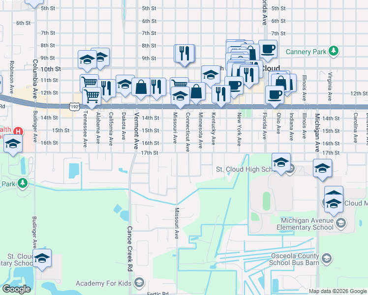 map of restaurants, bars, coffee shops, grocery stores, and more near 1509 Connecticut Avenue in St. Cloud