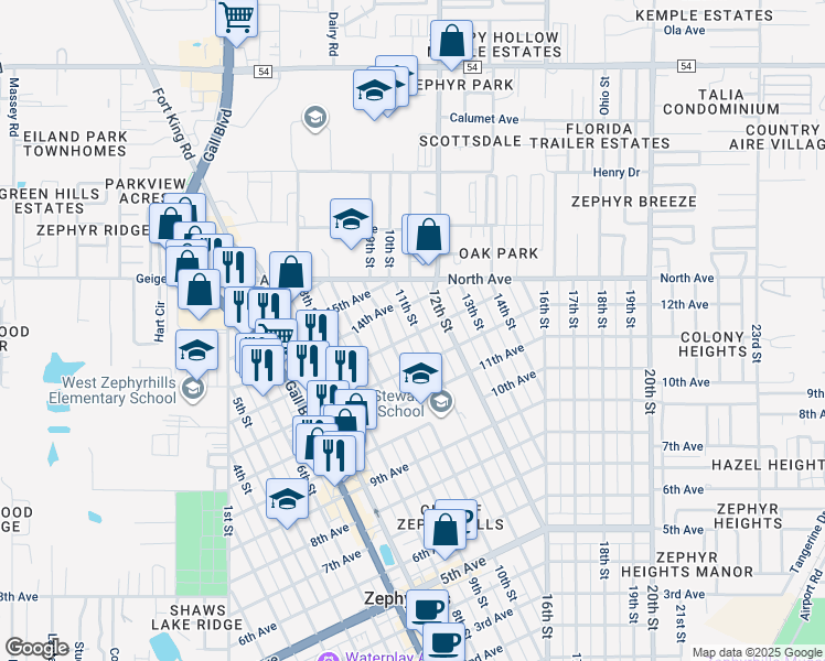 map of restaurants, bars, coffee shops, grocery stores, and more near 38437 13th Avenue in Zephyrhills