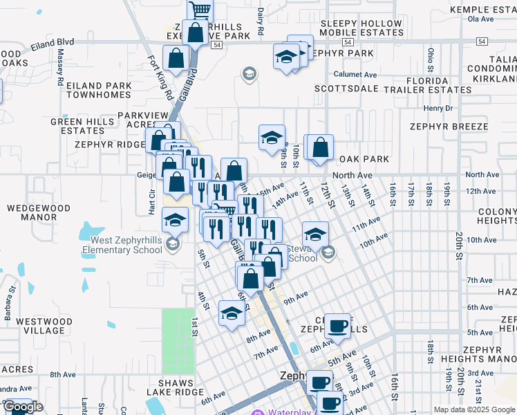 map of restaurants, bars, coffee shops, grocery stores, and more near 5912 9th Street in Zephyrhills