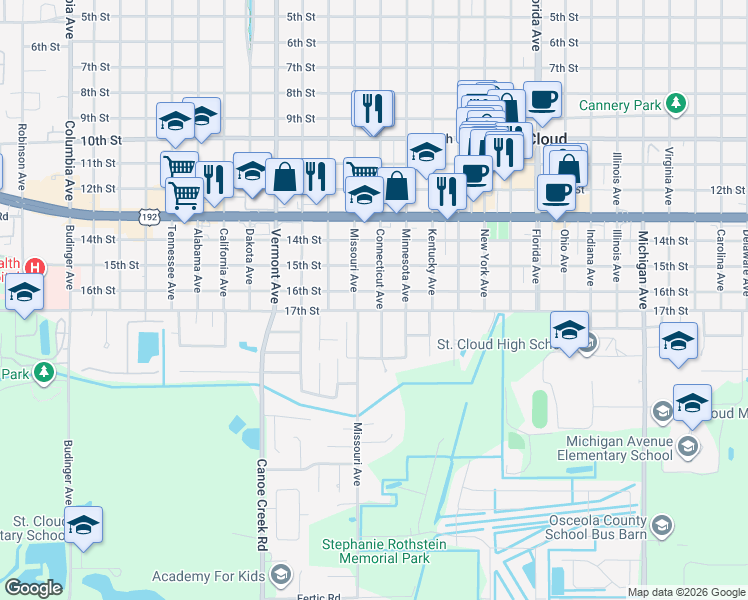 map of restaurants, bars, coffee shops, grocery stores, and more near 1606 Connecticut Avenue in St. Cloud