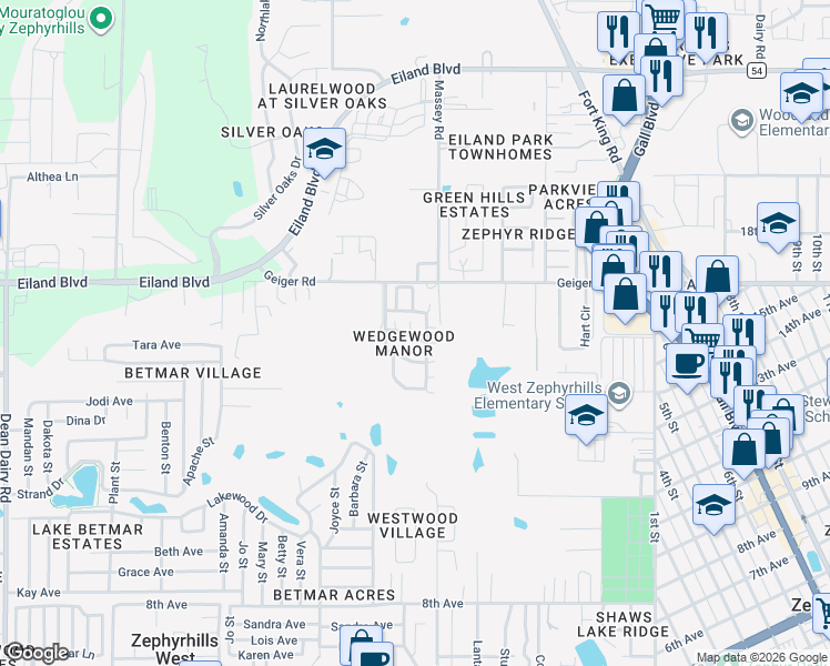 map of restaurants, bars, coffee shops, grocery stores, and more near 5915 Yorkshire Drive in Zephyrhills