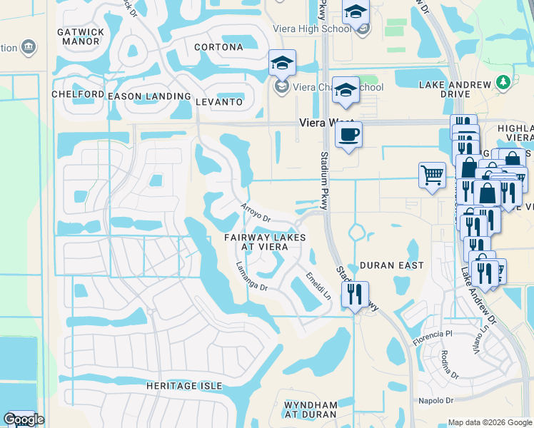 map of restaurants, bars, coffee shops, grocery stores, and more near 6545 Arroyo Drive in Melbourne