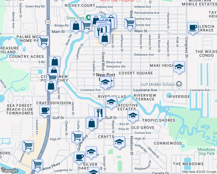 map of restaurants, bars, coffee shops, grocery stores, and more near in New Port Richey