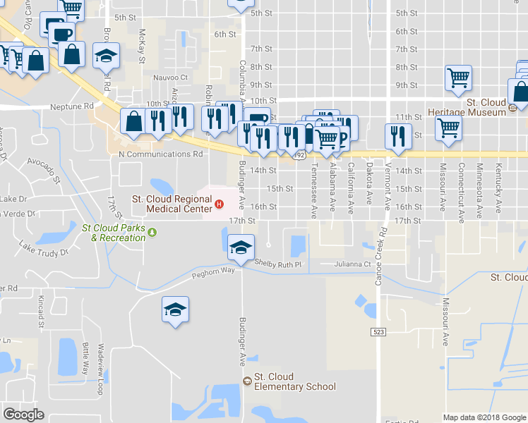 map of restaurants, bars, coffee shops, grocery stores, and more near 1611 Montana Avenue in Saint Cloud