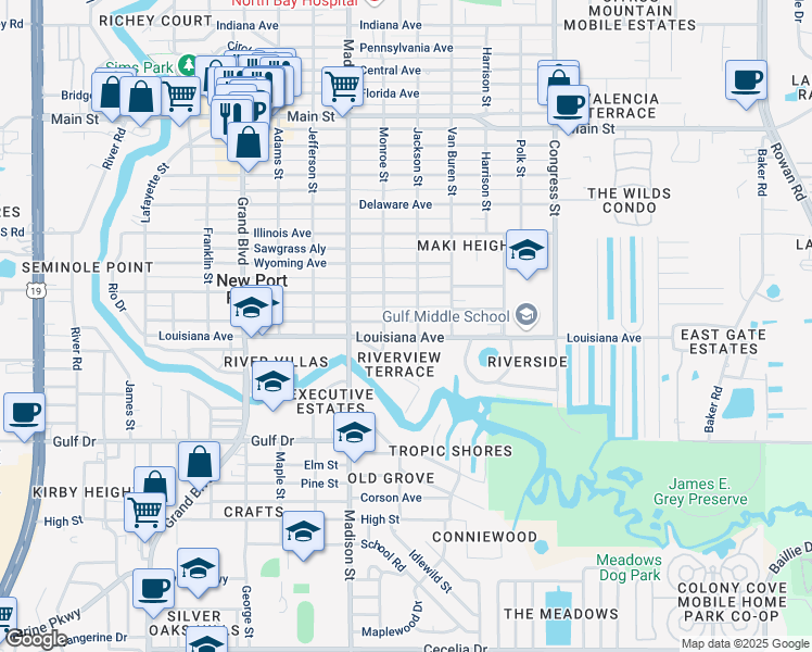 map of restaurants, bars, coffee shops, grocery stores, and more near 6131 Georgia Avenue in New Port Richey