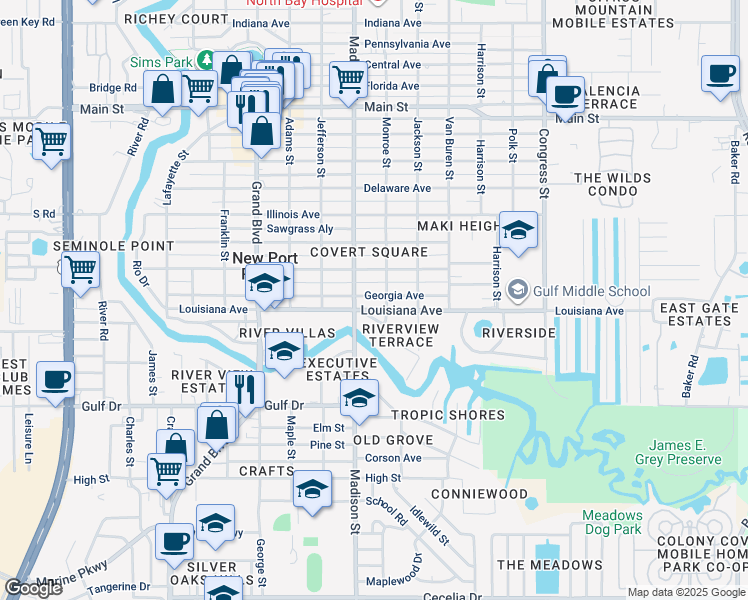 map of restaurants, bars, coffee shops, grocery stores, and more near 5821 Monroe Street in New Port Richey