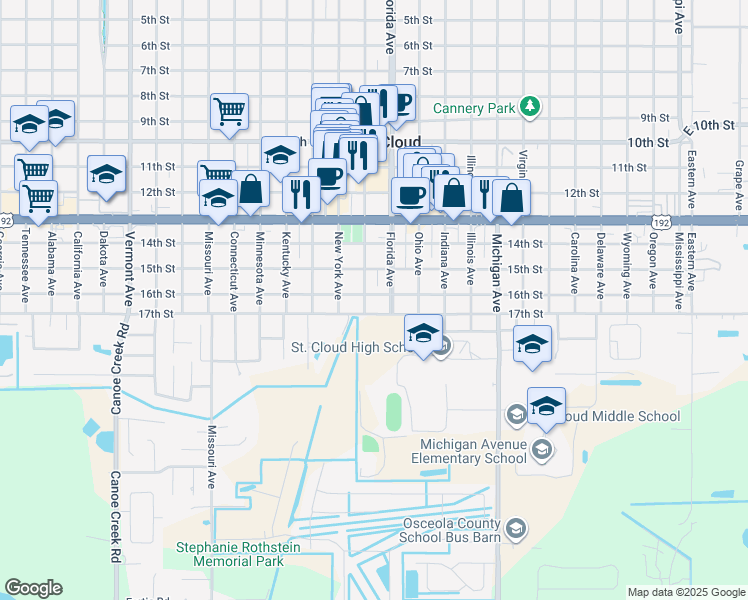 map of restaurants, bars, coffee shops, grocery stores, and more near 1517 Pennsylvania Avenue in St. Cloud